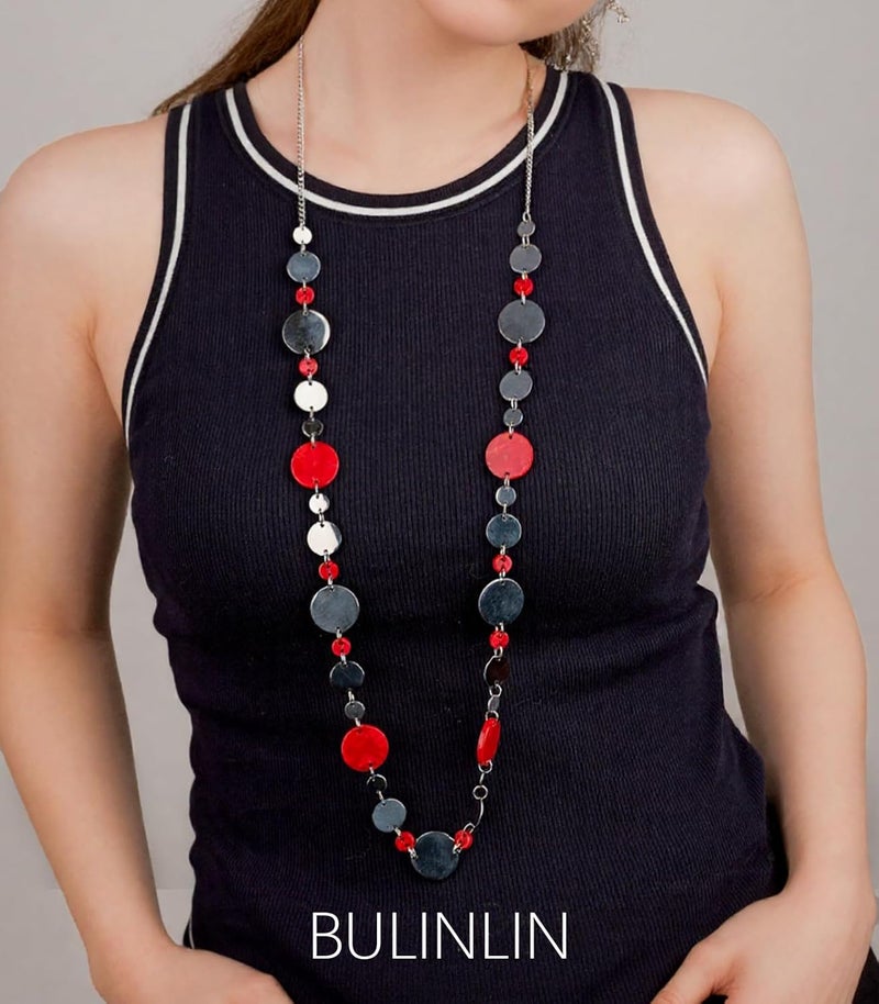 BULINLIN Layered Silver Long Necklace for Women Turquoise Stone Beaded Strand Sweater Chain Necklaces Fashion Costume Jewelry Gifts for Mom - Image 3
